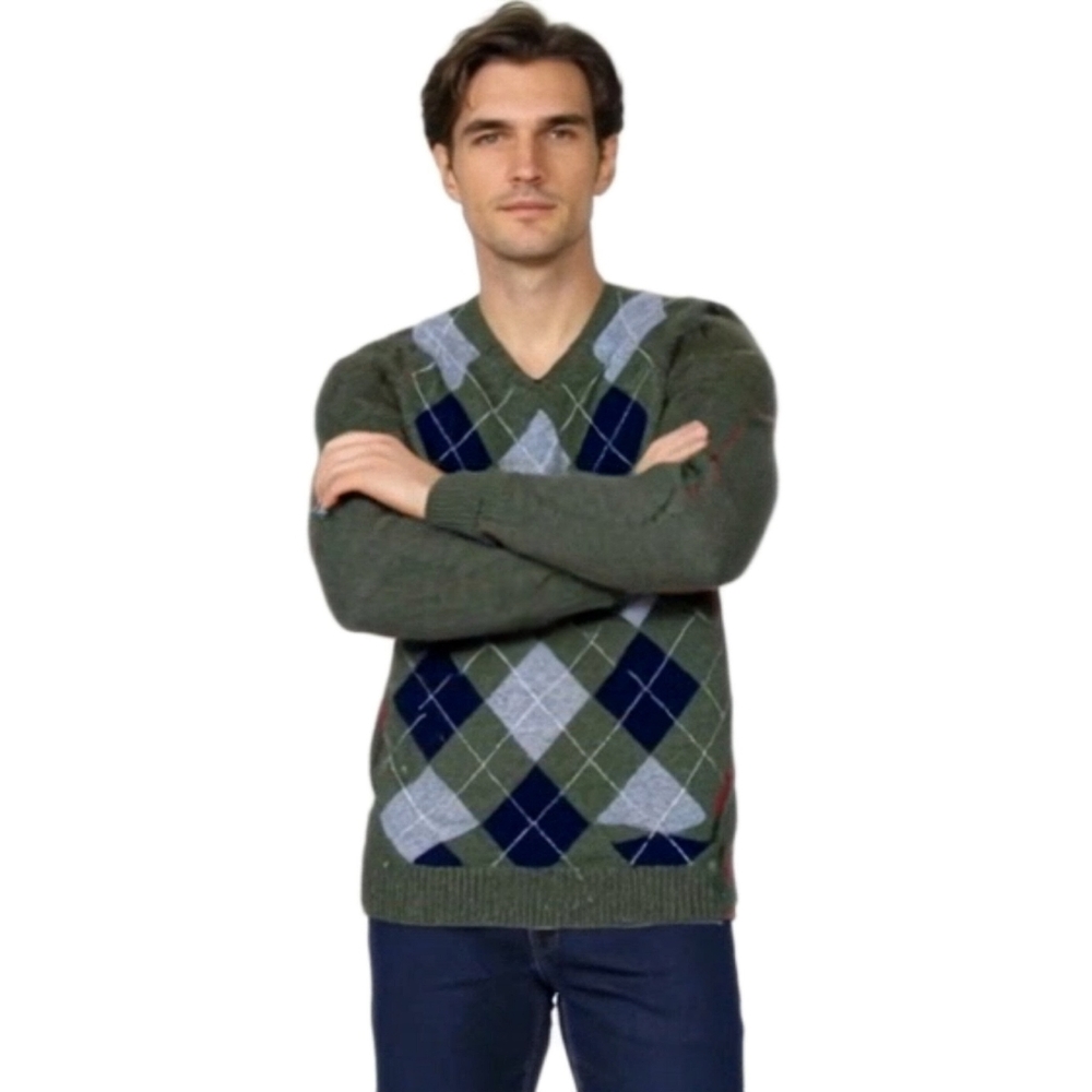 J. Crew Men's 100% Lambswool V-Neck Sweater Green Argyle Diamond Sweater Size L